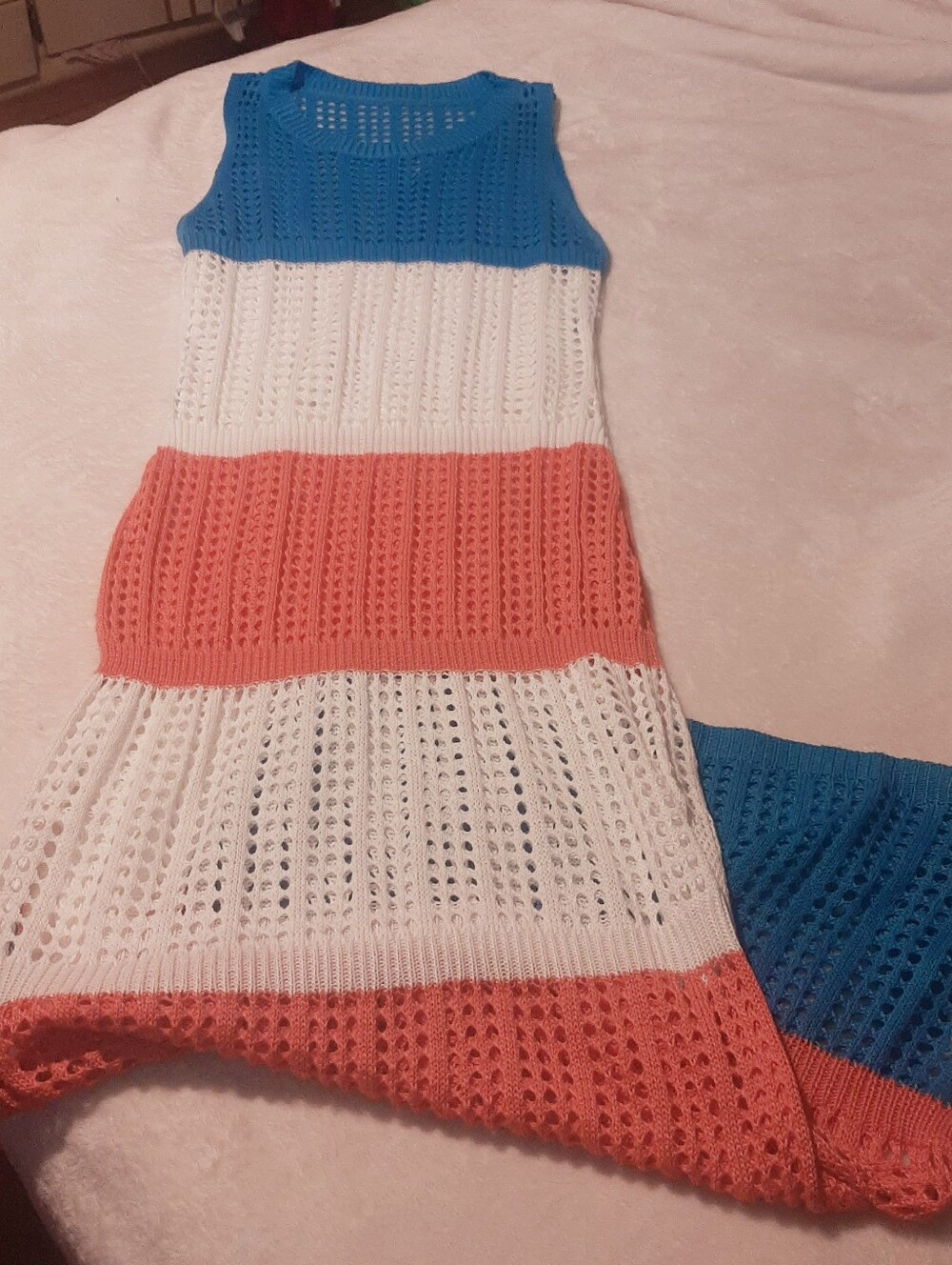 Sleeveless Crochet Stripe Dress in Blue, White & Orange Size Large
